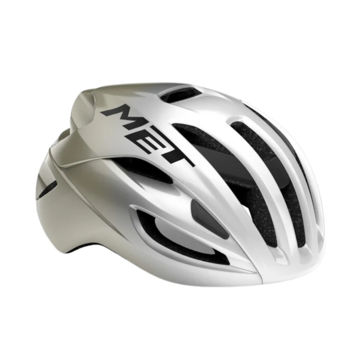 Silver and grey MET Rivale MIPS road helmet in medium size, featuring aerodynamic design, multiple ventilation slots, and a sleek finish with the MET logo prominently displayed.