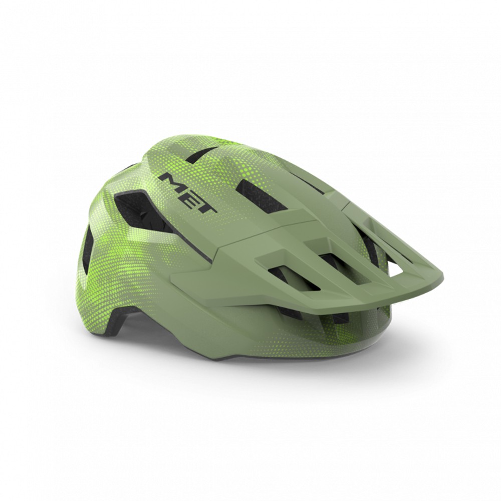 Green and lime MET Shelter Youth Helmet featuring a sleek design, ventilation slots, and a visor for added protection, made from durable materials.