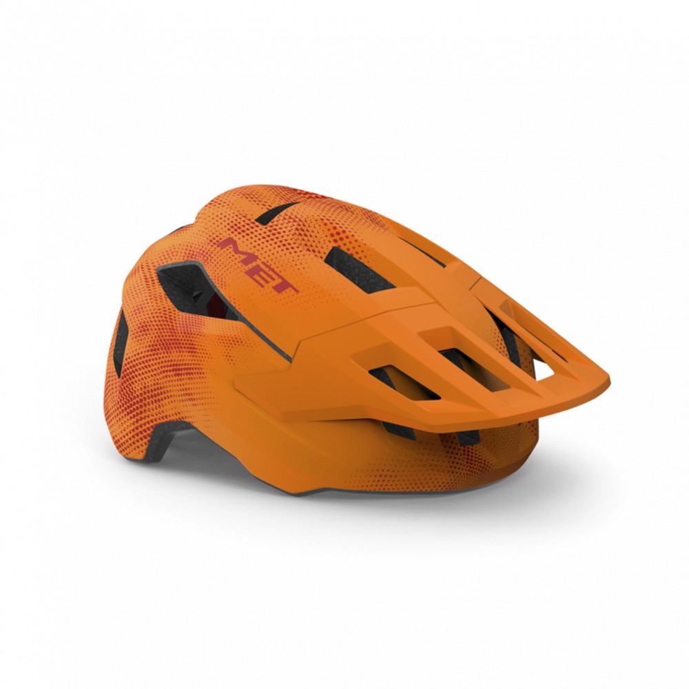 Bright orange MET Shelter Youth Helmet featuring a sleek design, ventilation openings, and a visor for added protection, made from durable materials for safety and comfort.