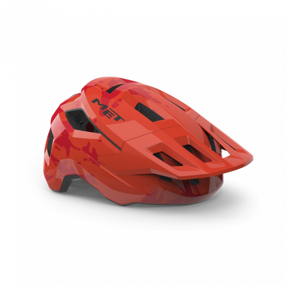 Red MET Shelter Youth Helmet featuring a sleek design with a camo pattern, ventilation slots, and a sturdy exterior for safety and comfort.