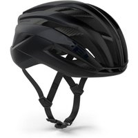 Black MET Trenta 3K Carbon Airframe road cycling helmet with aerodynamic vents and adjustable chin strap.