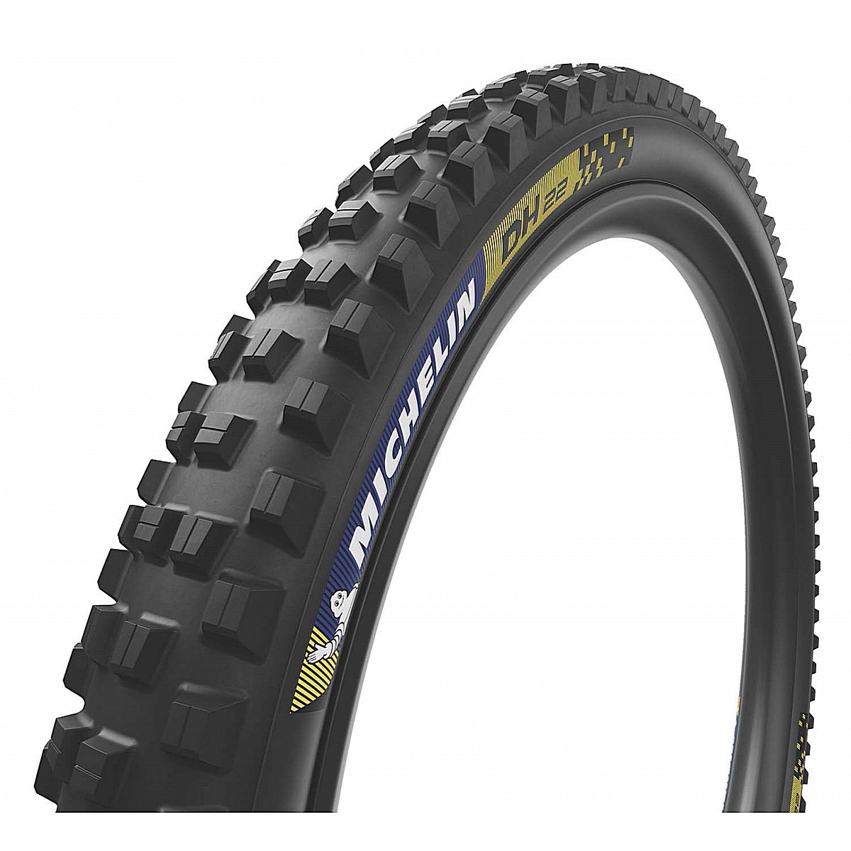 Michelin DH22 Racing Line tyre featuring a black rubber surface with prominent blue and yellow branding, measuring 27.5 x 2.4 inches, designed for enhanced grip and performance.