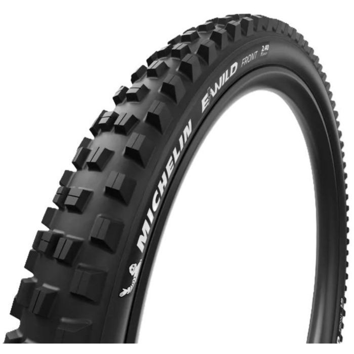 Michelin E-Wild Performance Line front tyre, 2.6 inches wide and 29 inches in diameter, featuring a rugged tread pattern and black rubber construction for enhanced grip and durability.