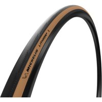 Black and tan Michelin Lithion 4 700c road bike tyre with textured tread and logo on the sidewall.