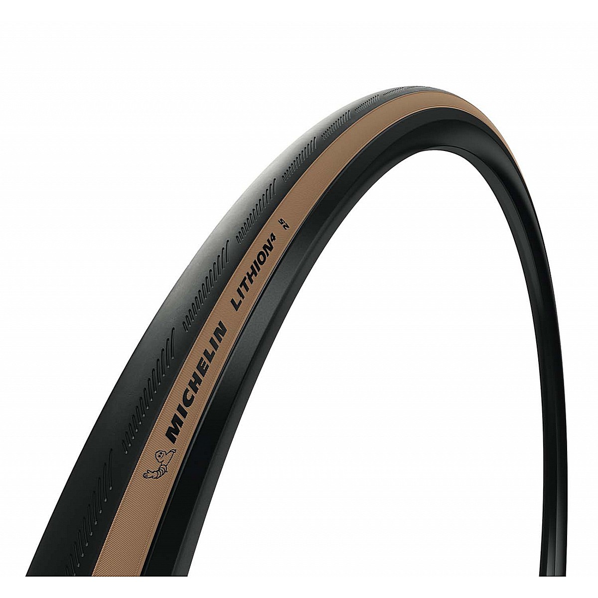 Black bicycle tyre with a tan sidewall, featuring the "MICHELIN LITHION 4" branding, designed for road cycling, measuring 700 x 28.