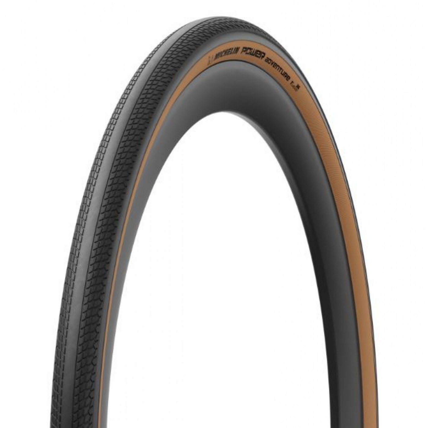 Michelin Power Adventure TLR gravel tyre in 700 x 30 size, featuring a black rubber body with a distinctive brown sidewall and textured tread pattern for enhanced grip and performance.