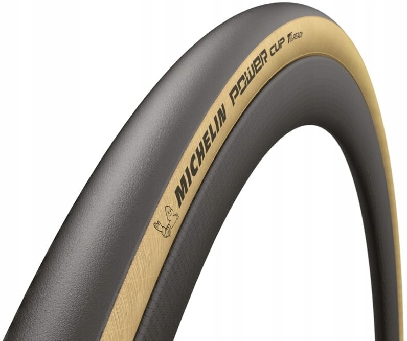 Black tubeless road tyre with a gold sidewall, featuring "MICHELIN Power Cup" branding and a smooth tread design, sized 700C x 30.