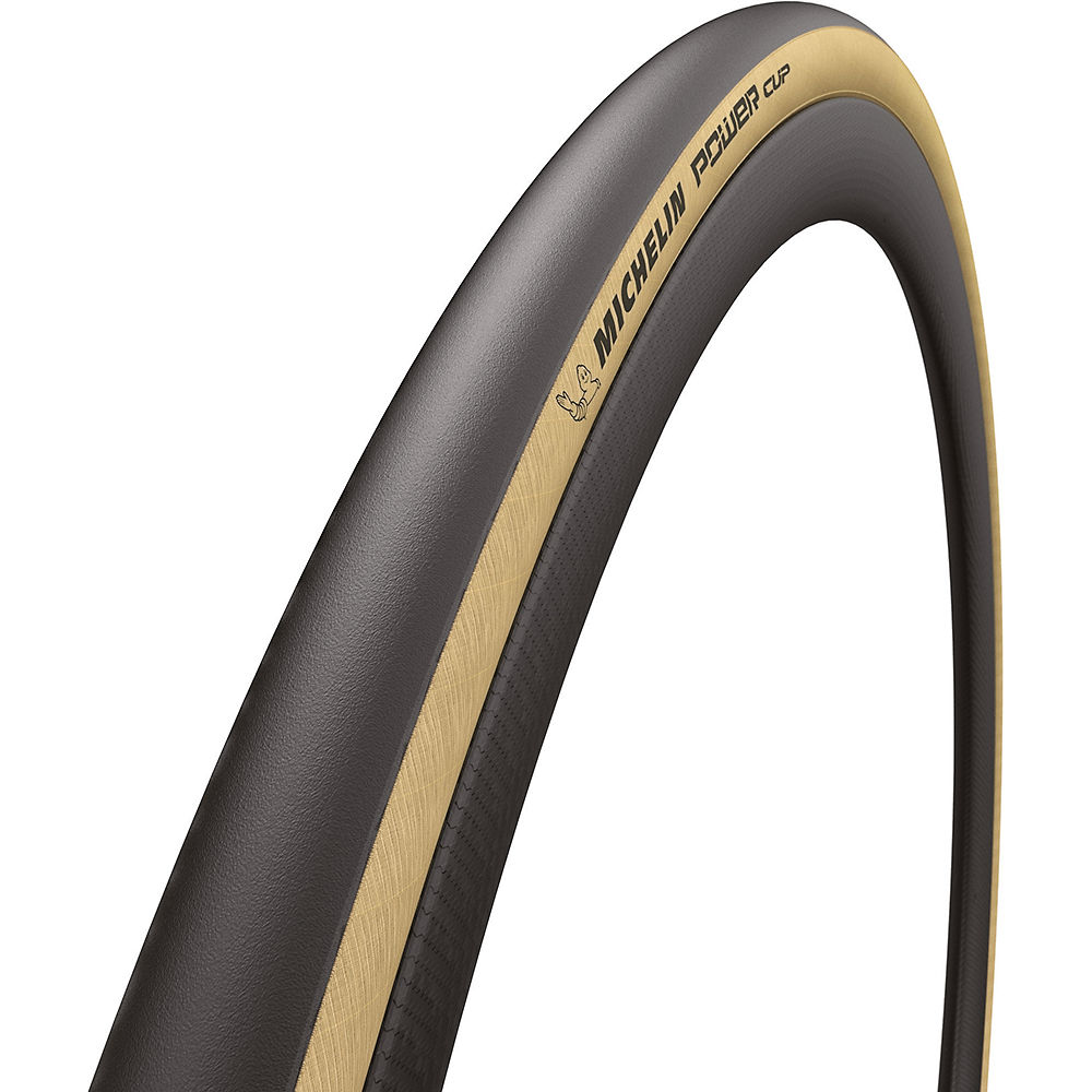 Michelin Power Cup Tube Tyre in 700 x 28 size, featuring a sleek black surface with a distinctive gold stripe, designed for performance and durability in cycling.