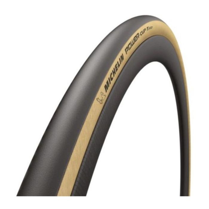 Michelin Power Cup TLR tyre in black with a tan sidewall, featuring a smooth tread design and embossed branding, sized 700 x 32 for road cycling.