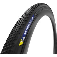Black Michelin Power Gravel TLR Tyre, 700 x 35, with knobby tread pattern and blue and yellow logo on the sidewall.