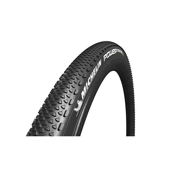 Black foldable off-road tire with a textured surface and prominent tread pattern, labeled "Power Gravel V2 - 700 X 40C" by MICHELIN, showcasing durability and grip for varied terrains.