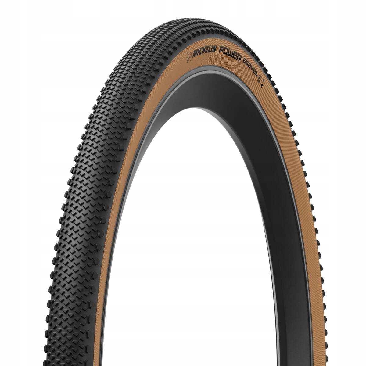 Michelin Power Gravel TLR tyre in 700 x 35 size, featuring a black tread with a textured surface and a tan sidewall, designed for gravel biking with tubeless compatibility.