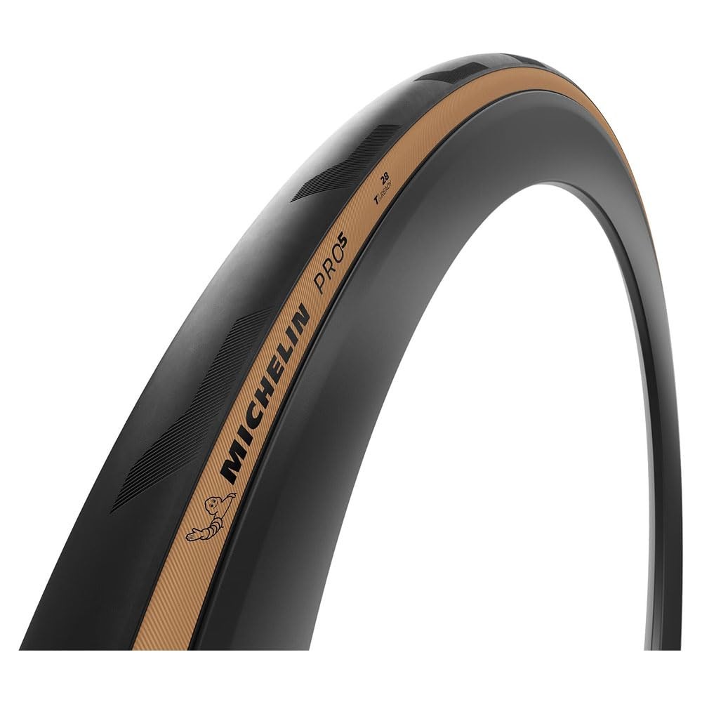 Black Michelin Pro5 TLR tyre with a width of 700 x 35, featuring a sleek design, textured surface, and a distinctive bronze stripe along the sidewall.