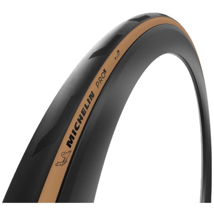 Michelin Pro 5 tyre in classic design, measuring 700 x 40, features a sleek black surface with a distinctive brown stripe and branded logo.