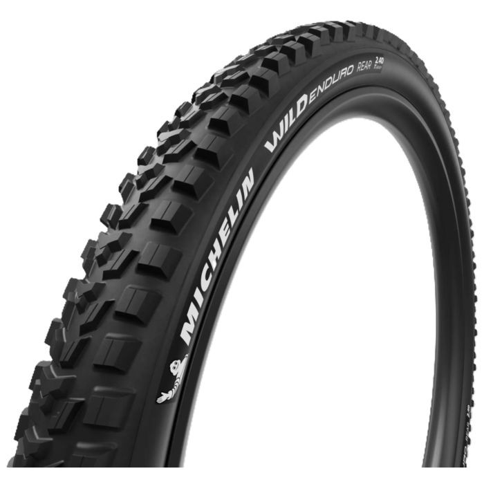 Black Michelin Wild Enduro Performance Line rear tyre featuring a rugged tread pattern, labeled with "MICHELIN" and "WILD ENDURO" in white, designed for enhanced grip and durability.