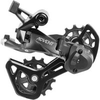 Black Microshift Advent 9-speed derailleur with clutch, featuring a sleek design and prominent "Advent" branding.