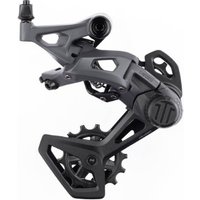 "Black Microshift Sword 10 rear derailleur with angular design, large jockey wheels, and sleek matte finish"
