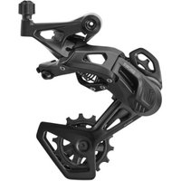 Black Microshift Sword rear derailleur with angular design, tension pulley, and integrated cable adjuster.