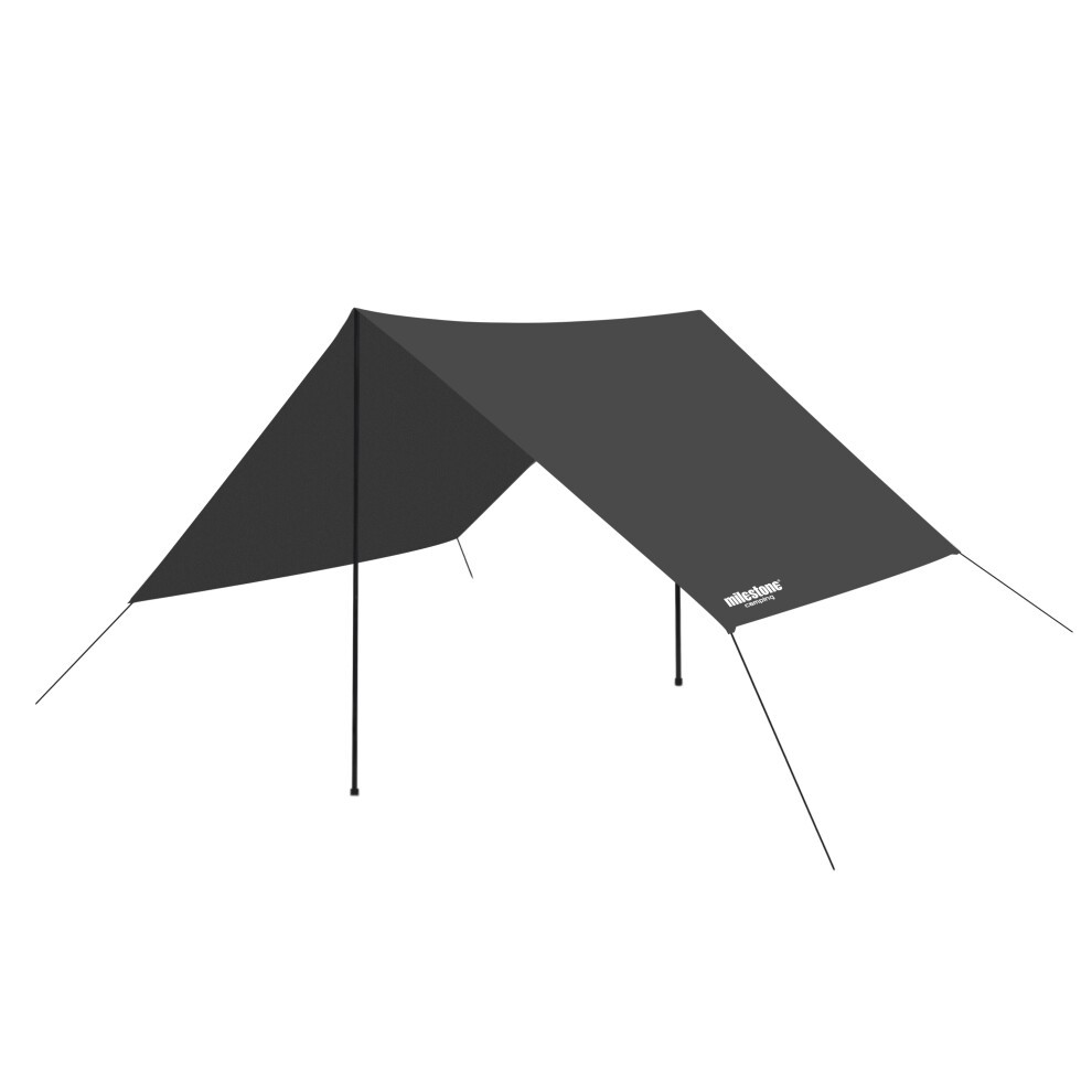 Black water-resistant tarp shelter measuring 2.8m x 2.8m, featuring a simple triangular design with adjustable poles and guy lines, ideal for camping, fishing, and picnics.