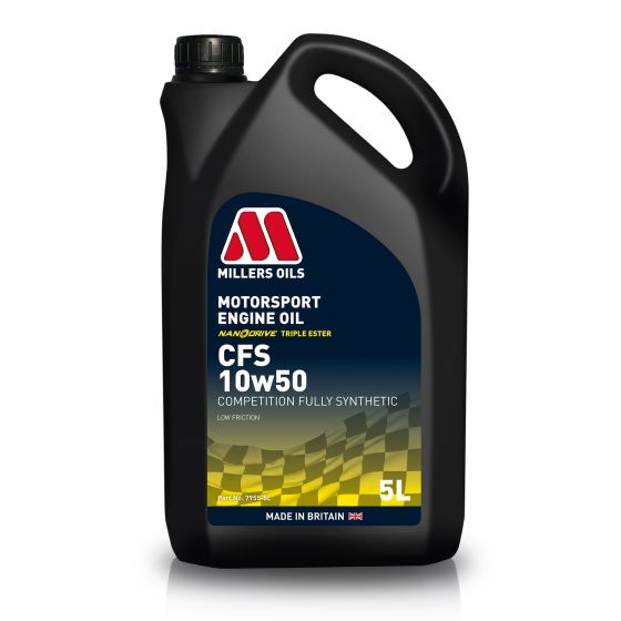 Black plastic container with a handle, labeled "Millers Oils CFS 10W50 Motorsport Engine Oil," featuring a blue and yellow design, 5 litres capacity, and "Made in Britain" text.