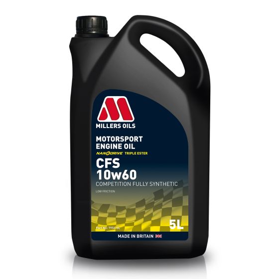 Black plastic container with a handle, featuring a blue and yellow label that reads "MILLERS OILS CFS 10W60 Motorsport Engine Oil" and "5 Litre" prominently displayed.