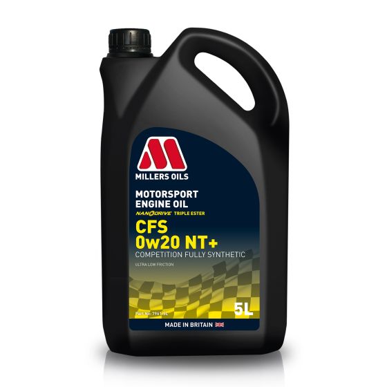 Black 5-litre bottle of Millers Oils CFS NT+ Nanodrive 0W20 synthetic motorsport engine oil, featuring a bold label with blue and yellow accents and a handle for easy pouring.