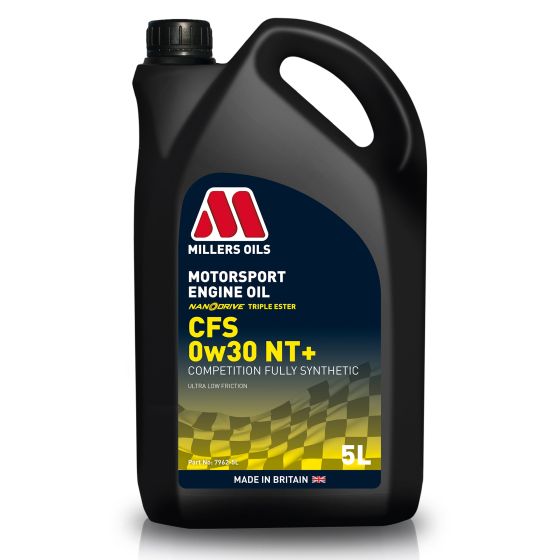 Black 5-litre bottle of Millers Oils CFS NT+ Nanodrive 0W30 synthetic motorsport engine oil, featuring a red and white logo and a handle for easy pouring.