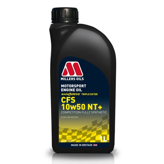 Black plastic bottle with a curved shape, featuring a red and white logo, yellow and blue label, and text indicating "CFS NT+ 10W50" and "1 Litre" for synthetic motorsport engine oil.