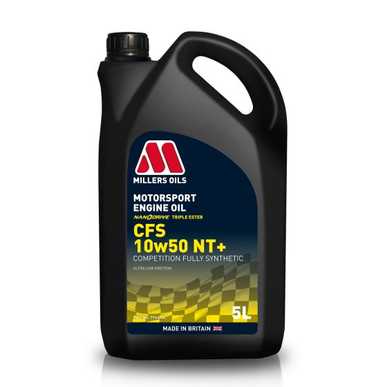 Black plastic 5-litre bottle of Millers Oils CFS NT+ Nanodrive 10W50 synthetic motorsport engine oil, featuring a blue and red label with checkered design and clear product details.