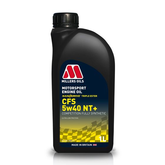 Black plastic bottle with a black cap, featuring a yellow and red label that reads "Millers Oils CFS NT+ 5W40 Motorsport Engine Oil," indicating it's a 1-litre fully synthetic oil.