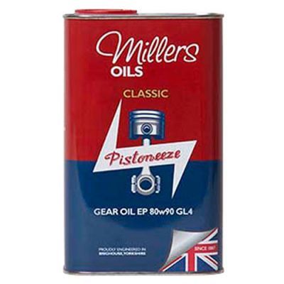 Red and blue metal canister of Millers Oils Classic Gear Oil EP 80w90 GL4, featuring a piston graphic and British flag, labeled clearly with product details.