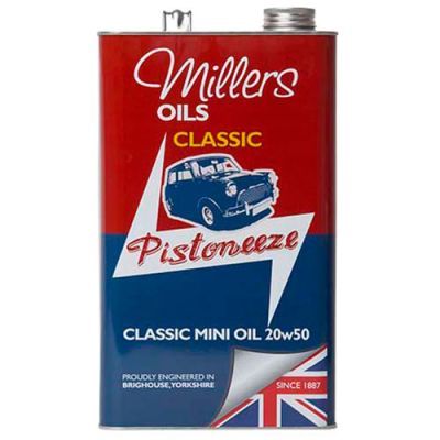 Red and blue metal canister of Millers Oils Classic Pistoneeze Mini Oil, labeled 20W50, featuring a vintage car graphic and a British flag, with a capacity of 5 litres.