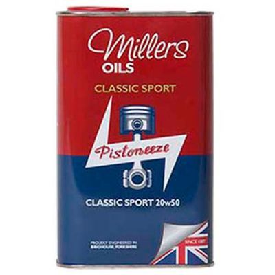 Red and blue metal canister of Millers Oils Classic Sport 20W50 engine oil, featuring a piston graphic and British flag, labeled with product details and capacity of 1 litre.