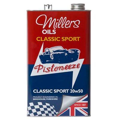 Red metal canister of Millers Oils Classic Sport 20W50 Engine Oil, featuring a vintage car graphic, white text, and a British flag design, with a capacity of 5 litres.