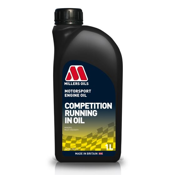 Black plastic bottle with a curved shape, featuring a red and white logo, labeled "Millers Oils Motorsport Competition Running in Oil," with a yellow and black checkered pattern, 1L capacity.