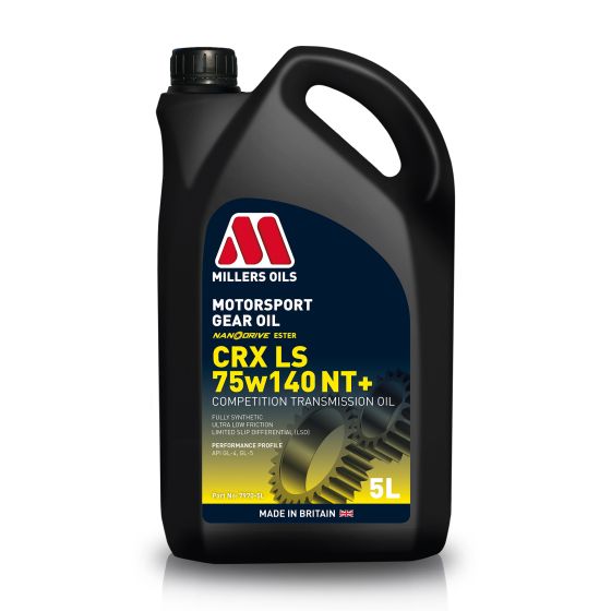 Black plastic container with a handle, featuring a red and white logo, labeled "Millers Oils CRX LS NT+ 75W140 Synthetic Limited Slip Gear Oil" in bold text, 5 litres capacity.