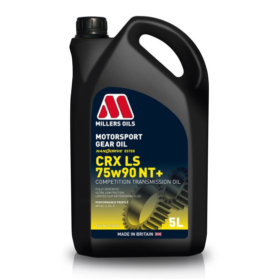 Black plastic container with a handle, labeled "Millers Oils CRX LS NT+ Nanodrive 75W90 Synthetic Limited Slip Gear Oil," featuring yellow gears graphic and 5-litre capacity.