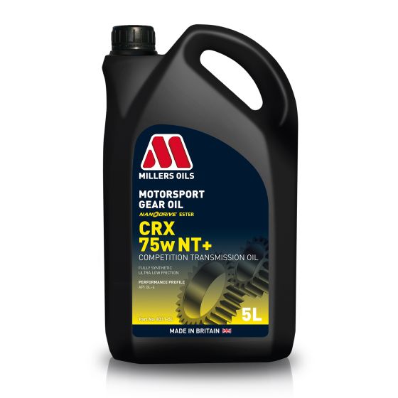 Black plastic container with a handle, labeled "Millers Oils CRX NT+ Nanodrive 75W Synthetic Gear Oil," featuring yellow and red text, and a 5-litre capacity.