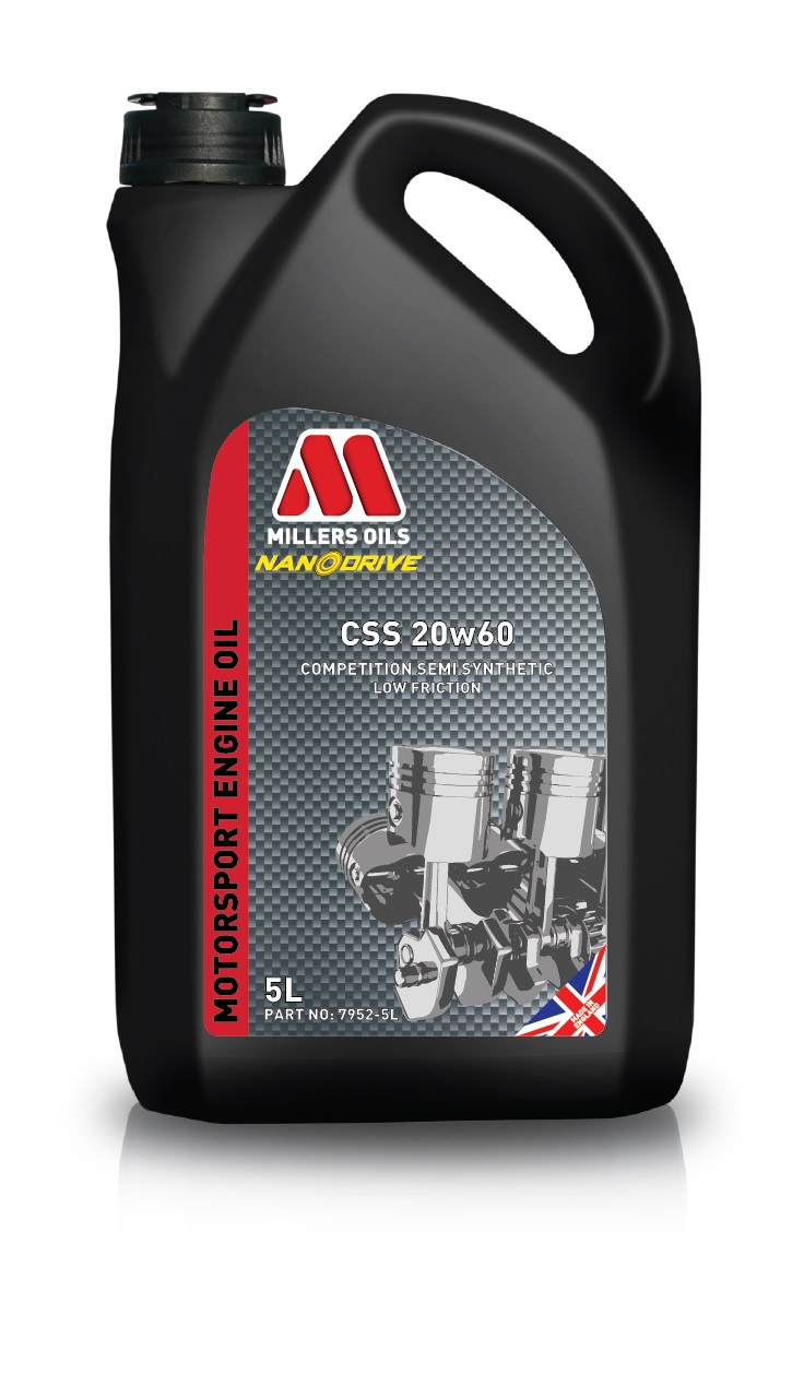 Black plastic container with a handle, featuring a red and grey label that reads "Millers Oils CSS 20W60" and "Motorsport Engine Oil," indicating it's a 5-litre semi-synthetic product.