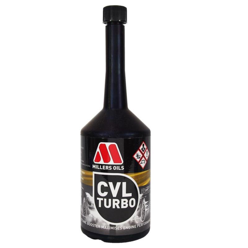 Black plastic bottle with a long neck, labeled "CVL Turbo" in bold white and red text, featuring hazard symbols and detailing for Millers Oils' High Octane Booster, 500ml.