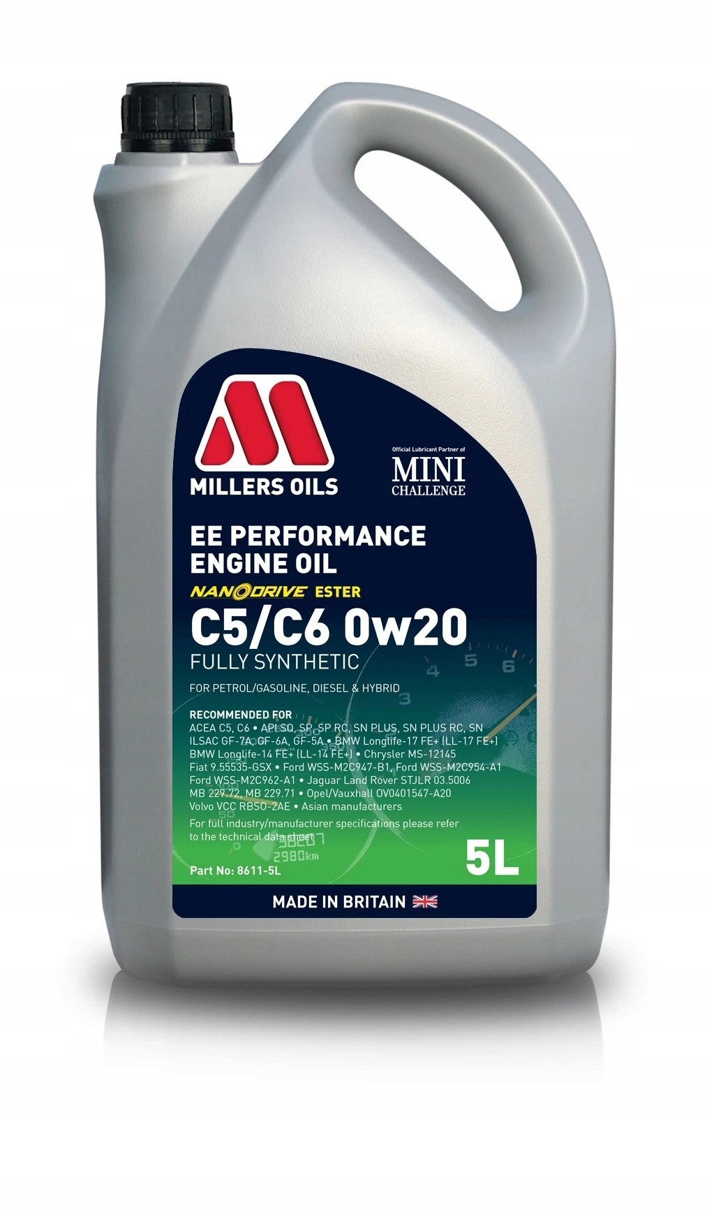 Gray plastic container with a handle, featuring a blue and green label, labeled "Millers Oils EE Performance C5/C6 0W-20," and a capacity of 5 liters.