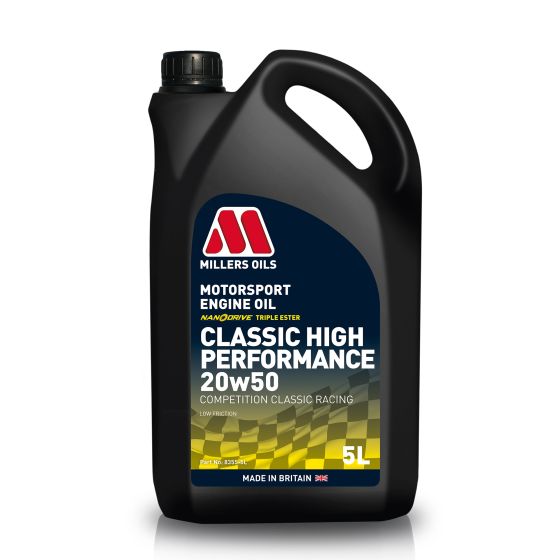 Black plastic container with a handle, featuring a blue and yellow label, labeled "Millers Oils Nanodrive Classic High Performance 20W50 Motorsport Engine Oil - 5 Litre."