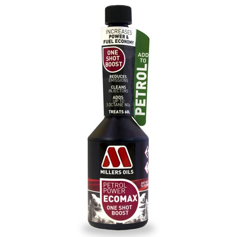 Black and green bottle of Millers Oils Petrol Power EcoMAX Additive, featuring a tapered neck, bold red logo, and a label indicating it boosts power and fuel economy.