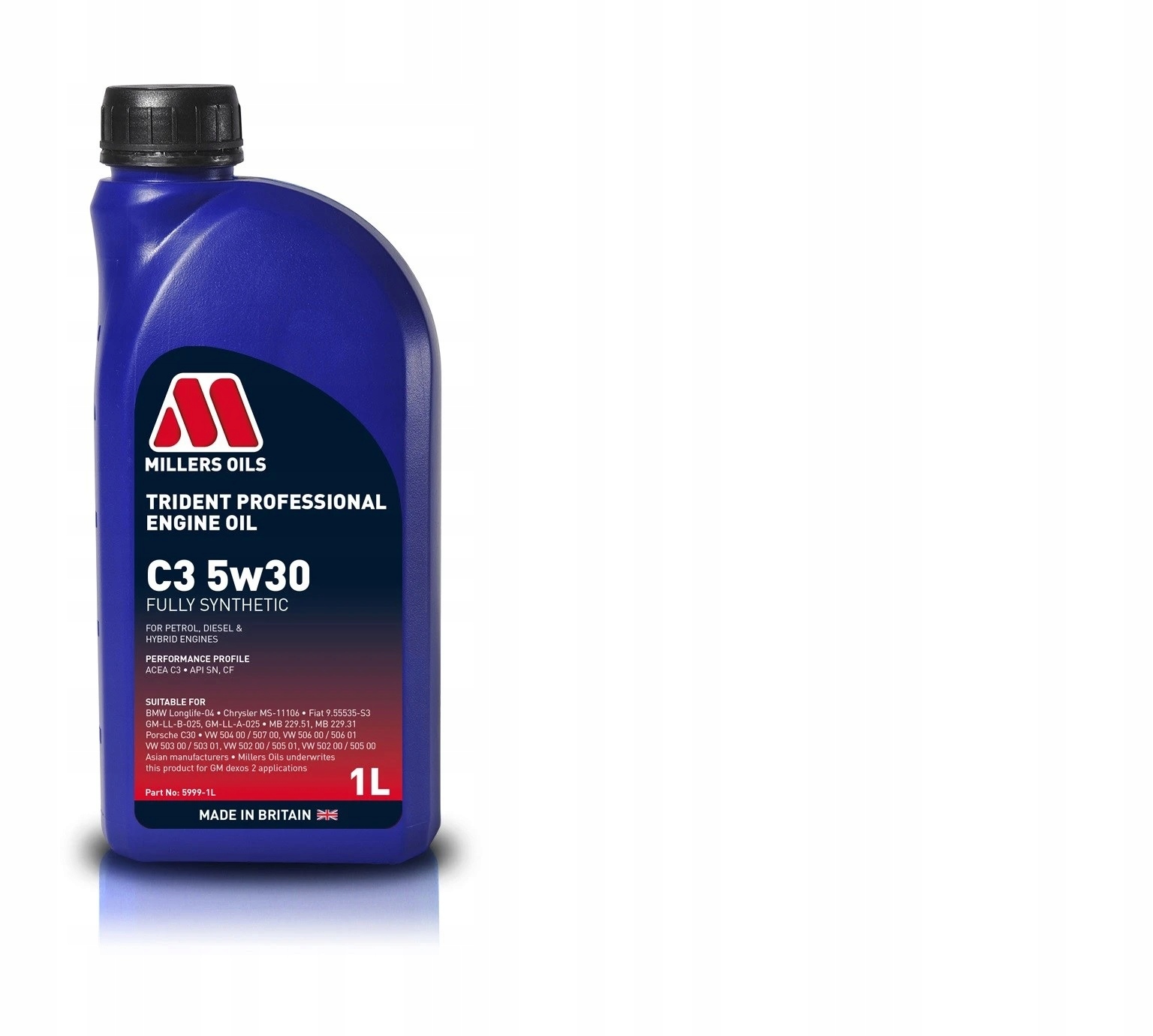 Blue plastic bottle of Millers Oils Trident Professional C3 5W30 Fully Synthetic Engine Oil, 1 litre, with a red and white label detailing product specifications.
