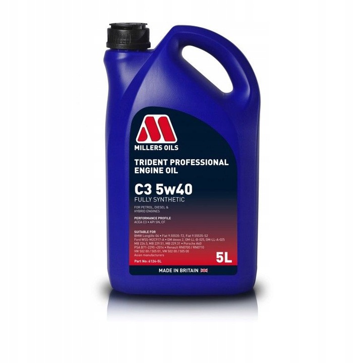 Blue plastic container of Millers Oils 6124-5 Engine Oil, 5W-30, with a black screw cap, featuring a red and white label indicating full synthetic oil and a 5-liter capacity.