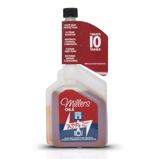 Millers Oils VSPe Multi Shot Power Plus bottle in a white and red design, featuring a spout cap, labeled for treating 10 tanks with octane booster and valve seat protection.