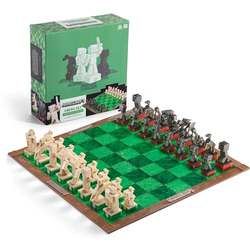 Collectable Minecraft chess set featuring green and brown board, with detailed figures of heroes and hostile mobs, packaged in a themed box.