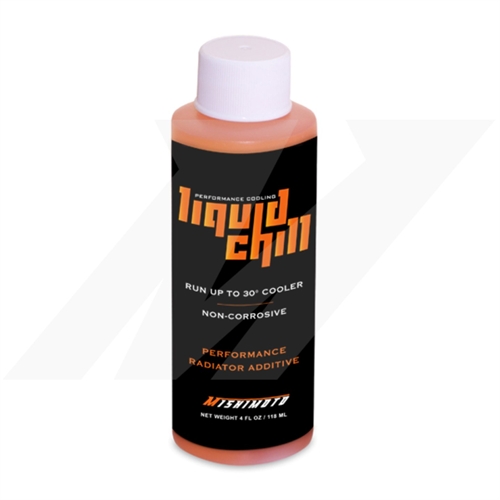 Mishimoto MMRA-LC Liquid Chill Radiator Coolant Additive in a clear bottle with an orange liquid, featuring bold black and orange text highlighting its performance cooling properties.