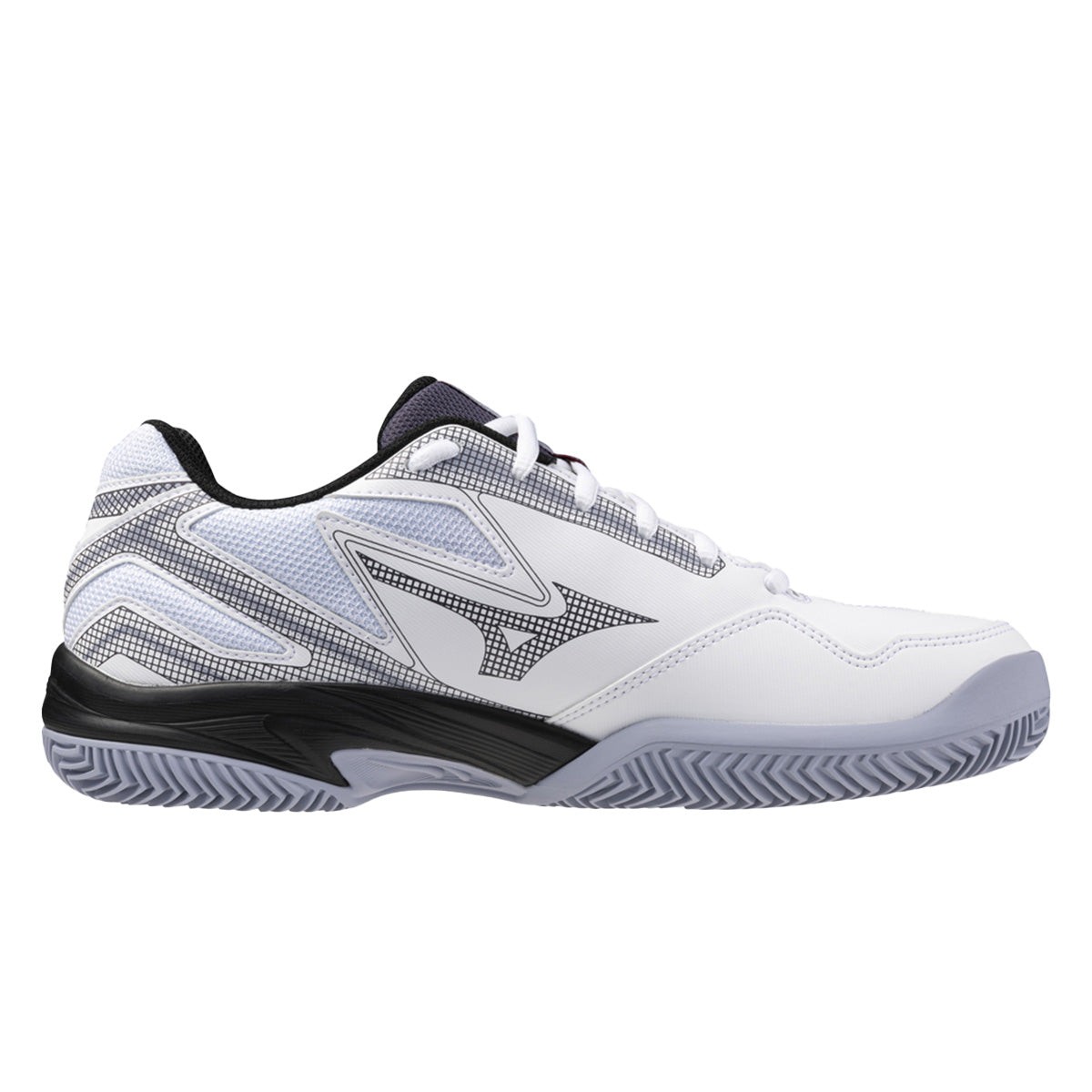 Mizuno Break Shot 4 unisex tennis shoes in white and salsa, featuring a sleek design, mesh panels for breathability, and a durable black outsole with a zigzag tread pattern.