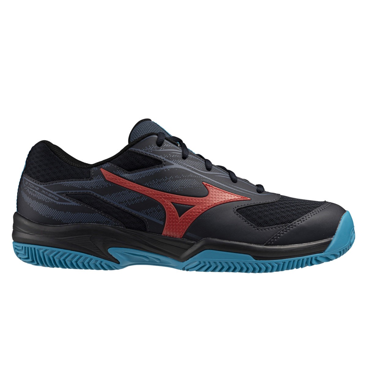 Mizuno Break Shot 5 padel shoe in black with red accents, featuring a breathable mesh upper, cushioned sole, and a durable rubber outsole for enhanced grip.